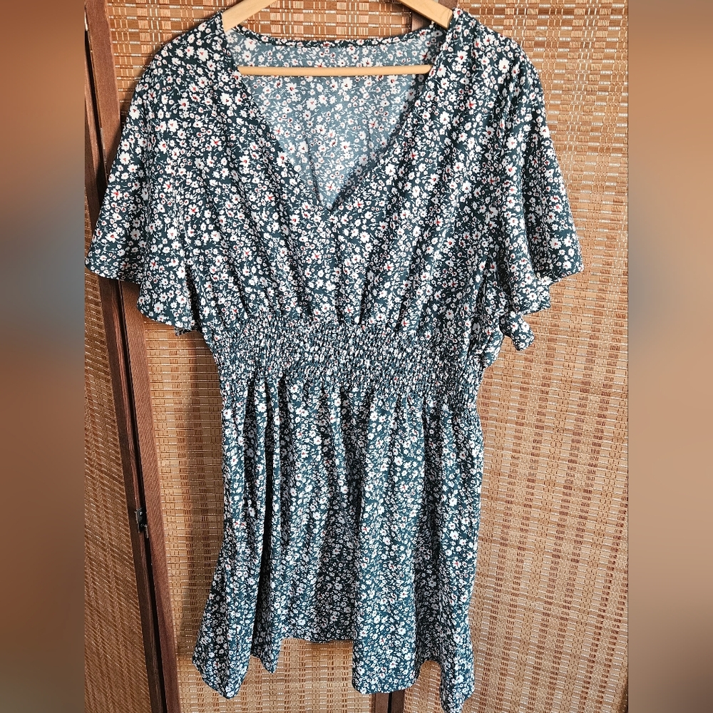 Green Floral Flutter Sleeve Smocked Waist Dress Shein 3X